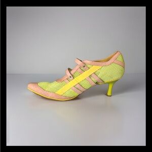 DEISEL Vintage Janetta Mesh Pointed Toe Kitten Heels Neon Green/Yellow